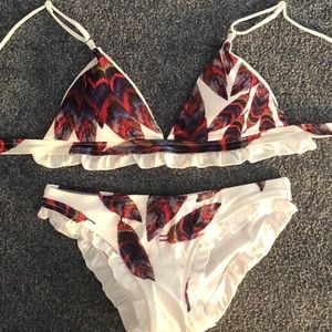 Shein Leaf Print Ruffle Triangle Bikini Set